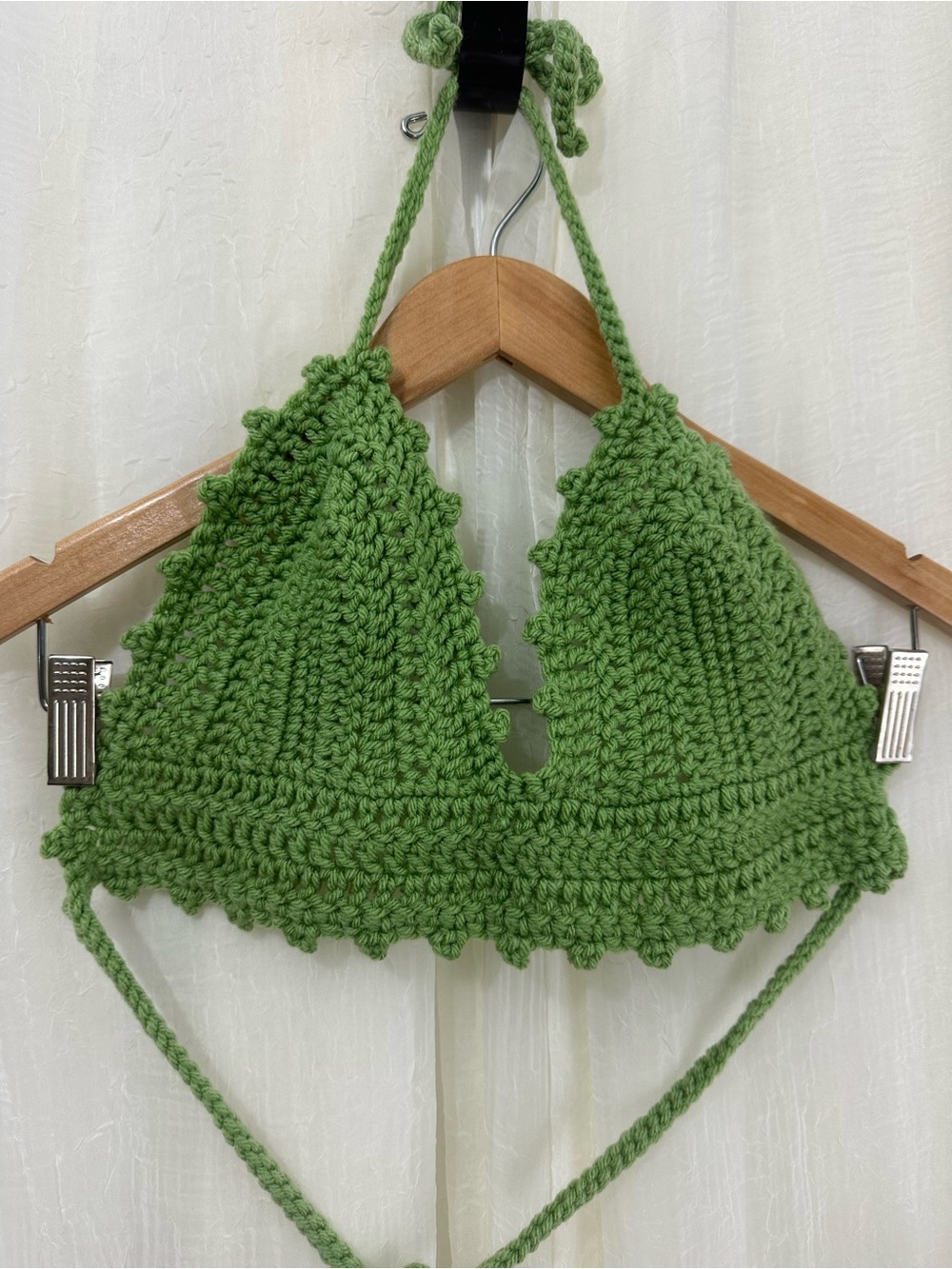 Festival Y2K Green Crochet Triangle Halter Tie Bikini Top Size S